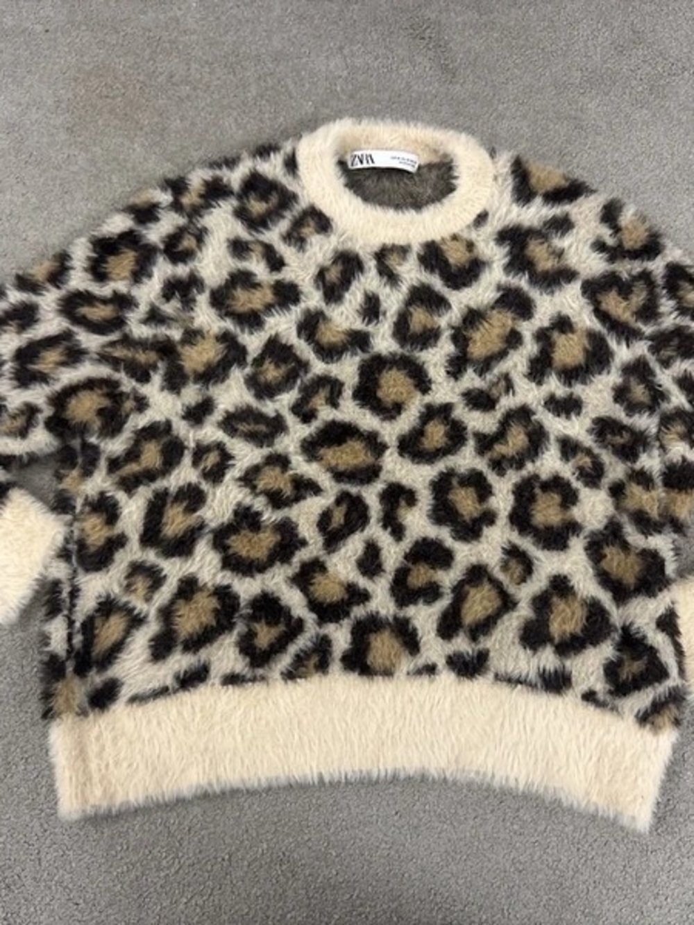 Zara Cream Leopard-Print Fuzzy Crewneck Sweater